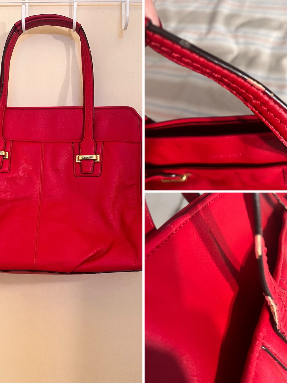 Coach Bright Red Leather Tote with Gold Accents